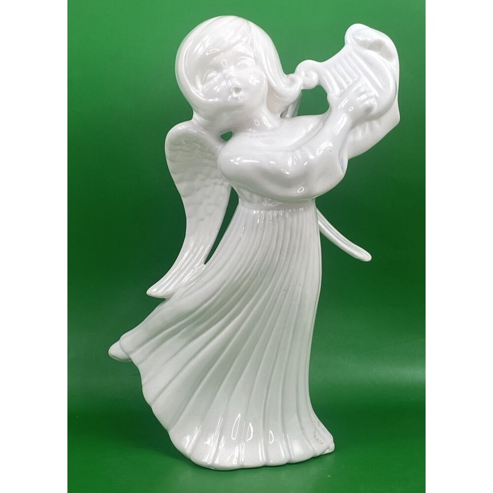 Vintage Atlantic Mold Ceramic Christmas Angel Harp 12” White Ivory Glazed